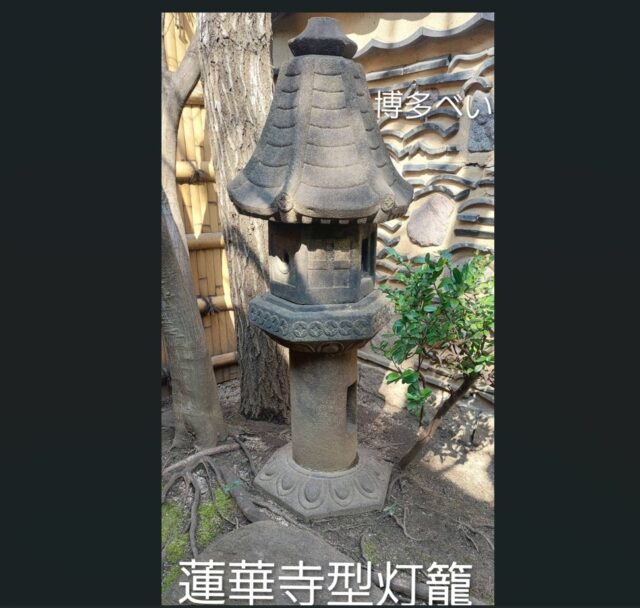 *
「楽水園の石灯籠　第3弾」

今日は連華寺型灯籠
(れんげじがたとうろう)を紹介します。

六角形の急勾配な傘。
とんがった細い灯籠で、シュッとしています。

とがった塔は屋根瓦の模様になっていて、和風なのに洋風な大正ロマンを感じます。

江戸時代、京都の蓮華寺の庭園にある独特な形の灯籠を茶人たちが好んで取り入れるようになり、いつしかその寺の名から「蓮華寺型」と呼ばれるようになったそうです。

後ろの「博多べい」については次回ご紹介します。

…楽水園より

#楽水園
#rakusuien
#福岡観光
#日本庭園
#JapaneseGarden
#茶室
#都会のオアシス
#博多
#住吉